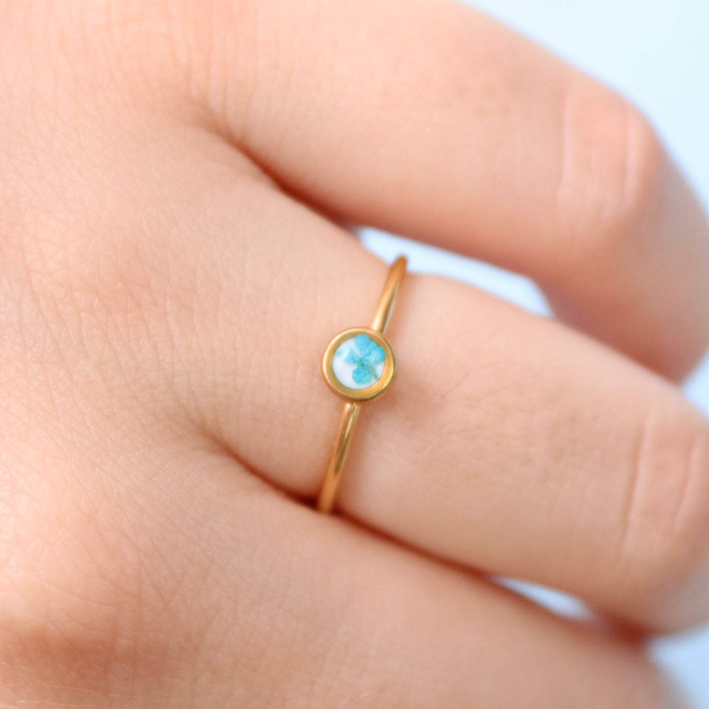 Anello SEMI in acciaio inox oro e Pizzo della regina Anna turchese intersecata nella resina