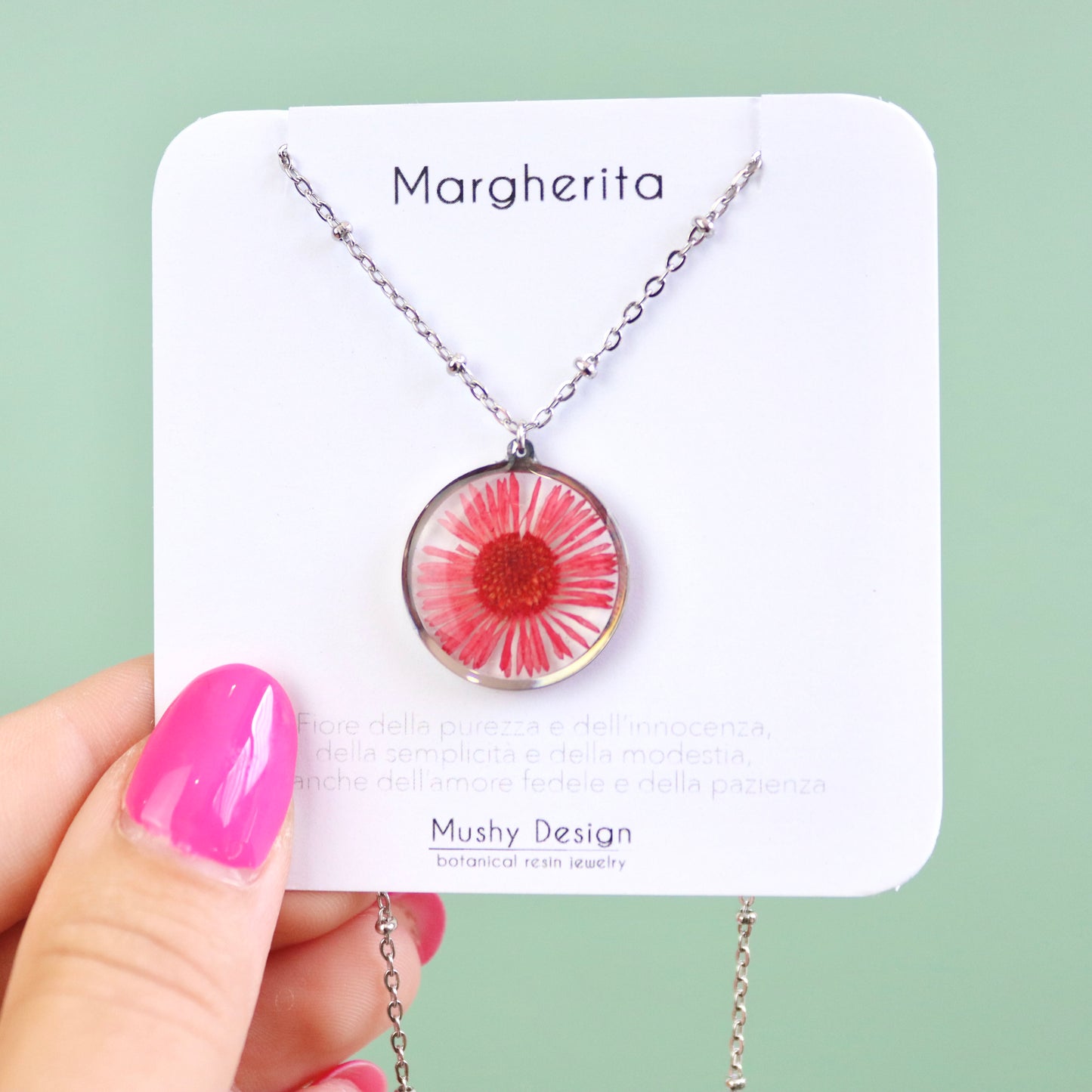 Collana in acciaio inossidabile e ciondolo in resina con Margherita rossa