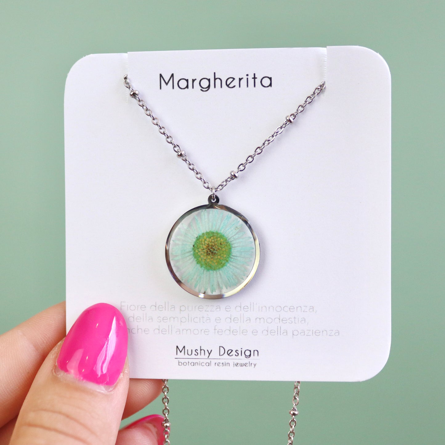 Collana in acciaio inossidabile e ciondolo in resina con Margherita verde acqua