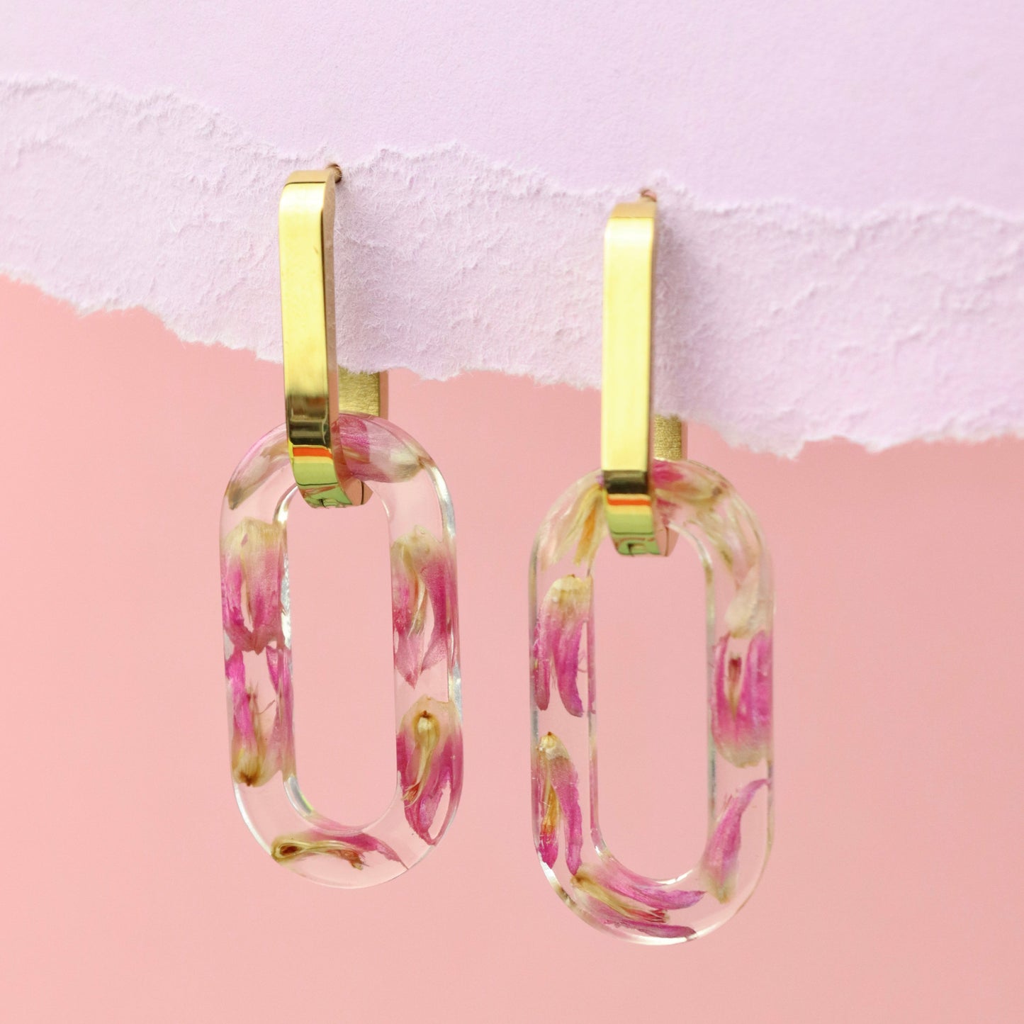 Paio di orecchini pendenti a CATENA in acciaio inossidabile e resina con fiore del Trifoglio