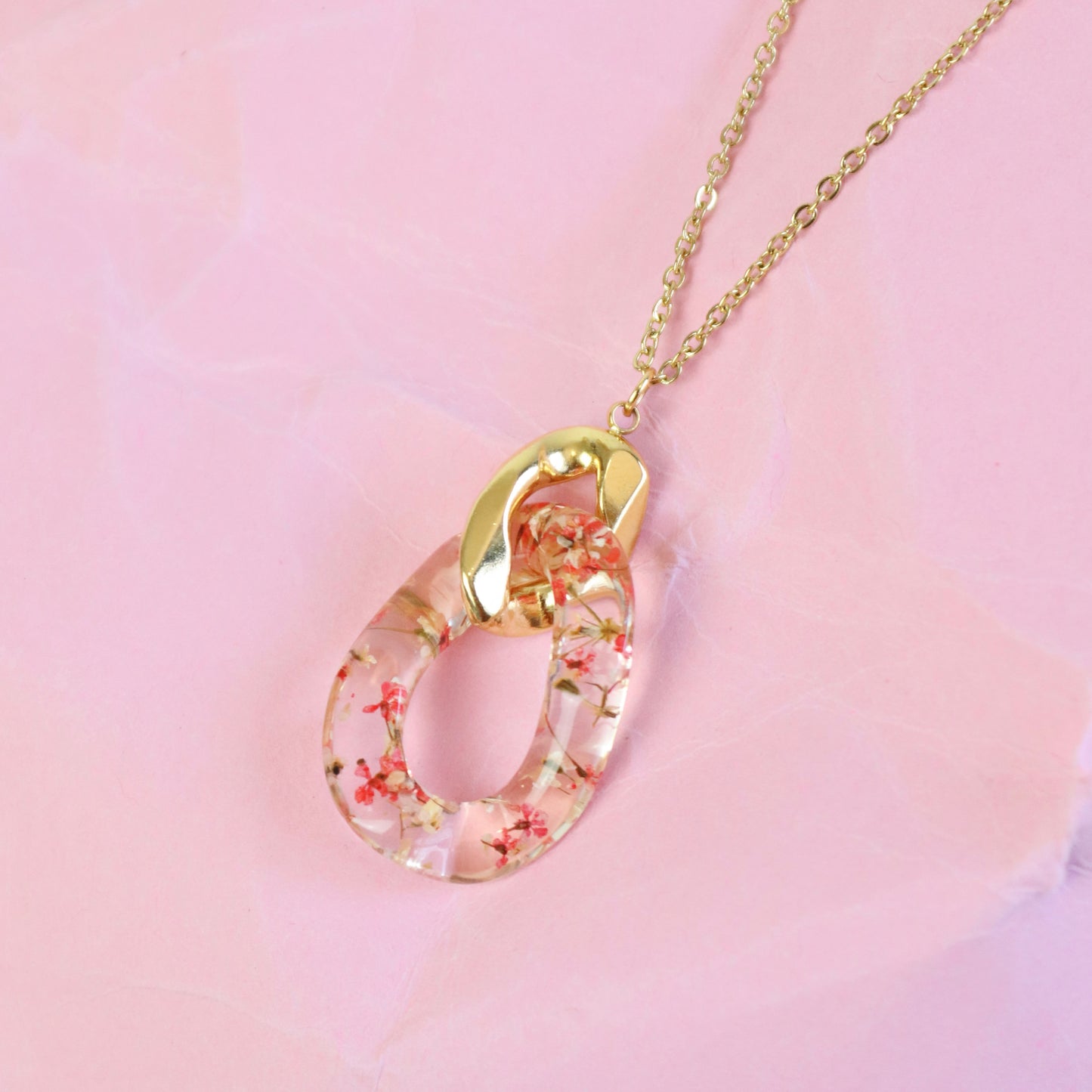 Collana LEGAME in acciaio inossidabile e resina con Pizzo della regina Anna rosso