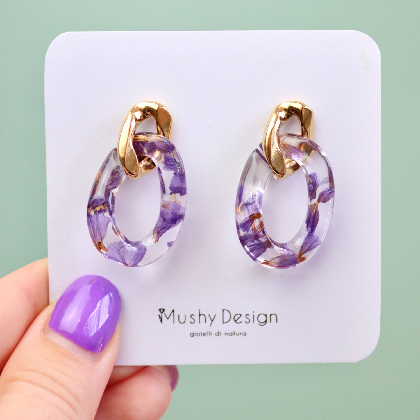 Paio di orecchini LEGAME in acciaio inossidabile e resina con Statice viola