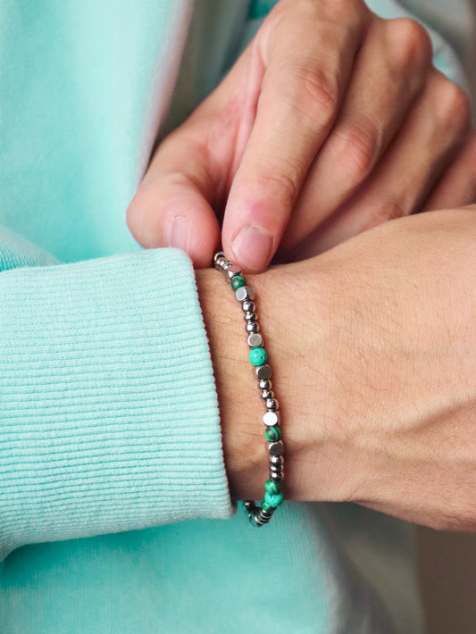 Bracciale da Uomo Artigianale Regolabile in Acciaio Inox e pietra lavica verde