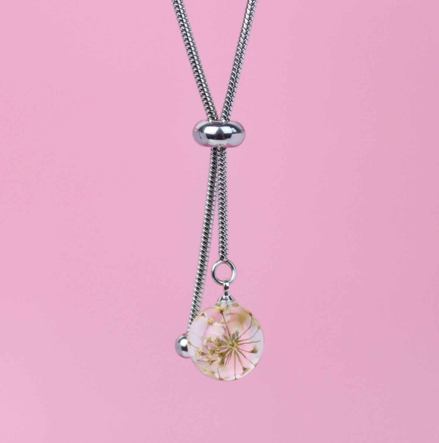 Collana CRAVATTA scorrevole in acciaio inossidabile e ciondolo con fiore vero Pizzo della regina Anna