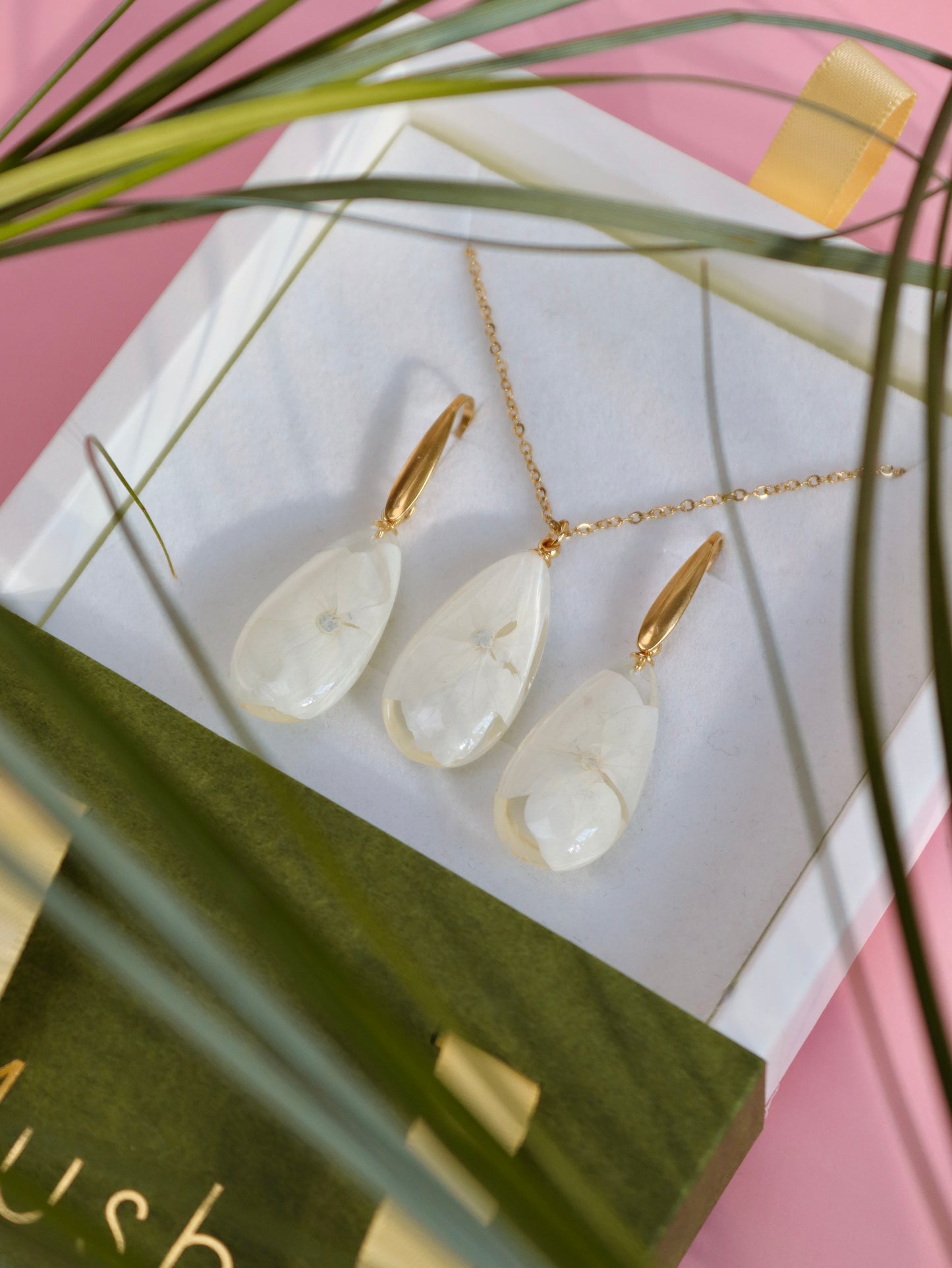 Parure collana e orecchini in acciaio inossidabile e ciondolo in resina con Ortensia bianca