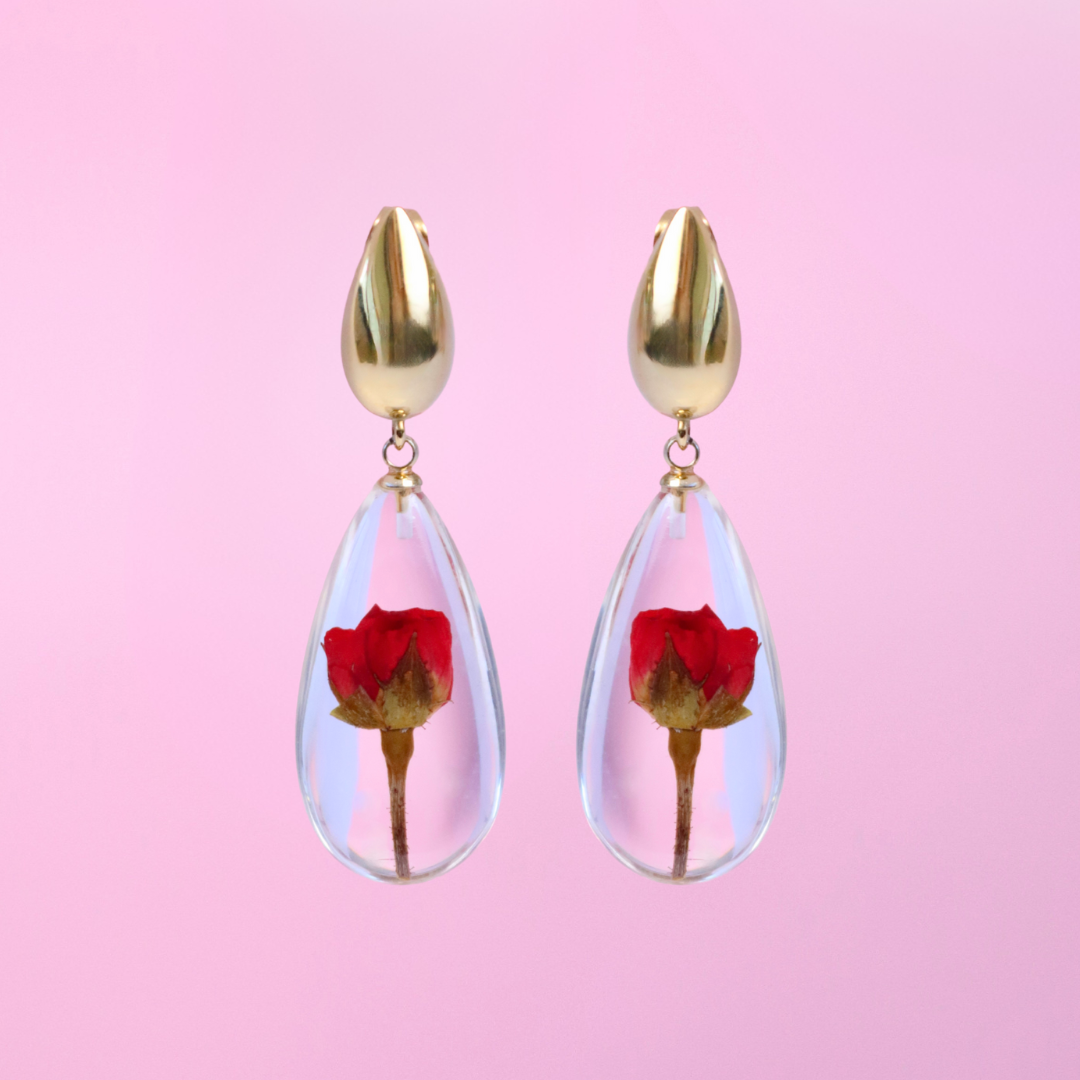 Orecchini Pendenti in Resina con Fiori Veri di Rosa rossa - RUGIADA, Acciaio Inox