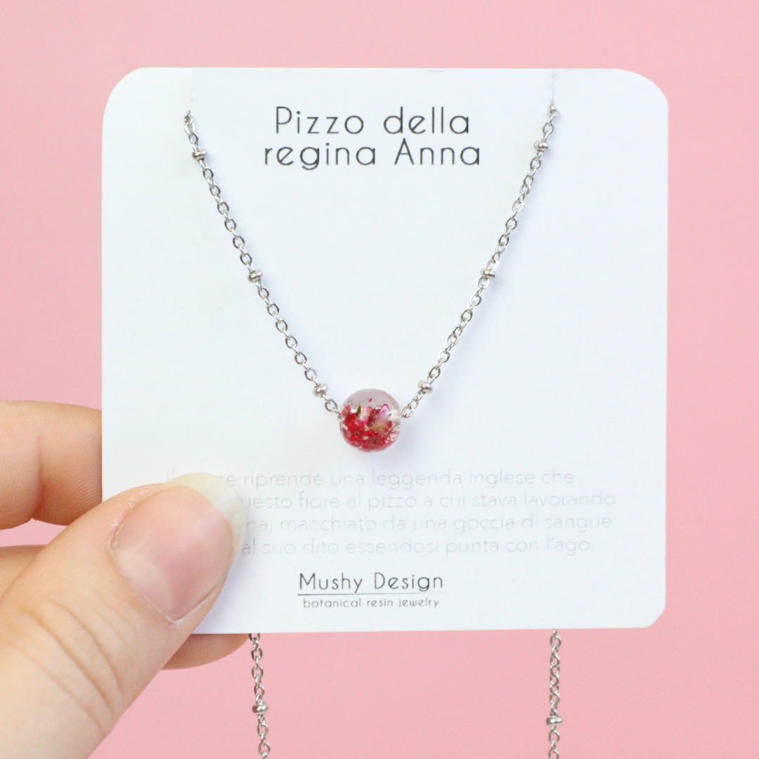 Collana Esprimi un desiderio in acciaio inox e BOLLA con Pizzo della regina Anna rosso
