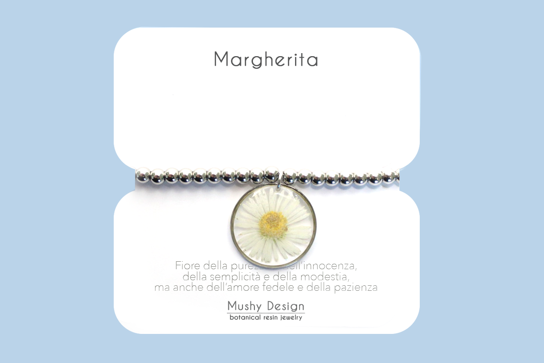 Bracciale in acciaio con ciondolo in resina con Margherita