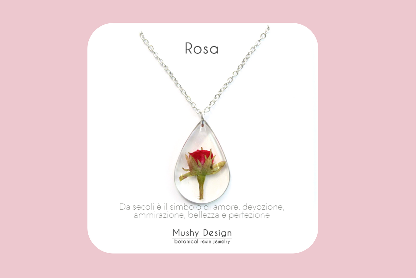 Collana in acciaio inossidabile e ciondolo in resina con Rosa rossa