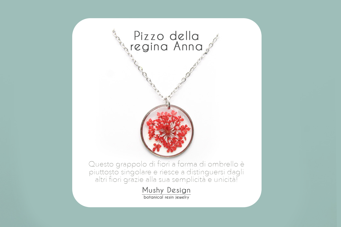 Collana in acciaio inossidabile e ciondolo in resina con pizzo della regina Anna rosso