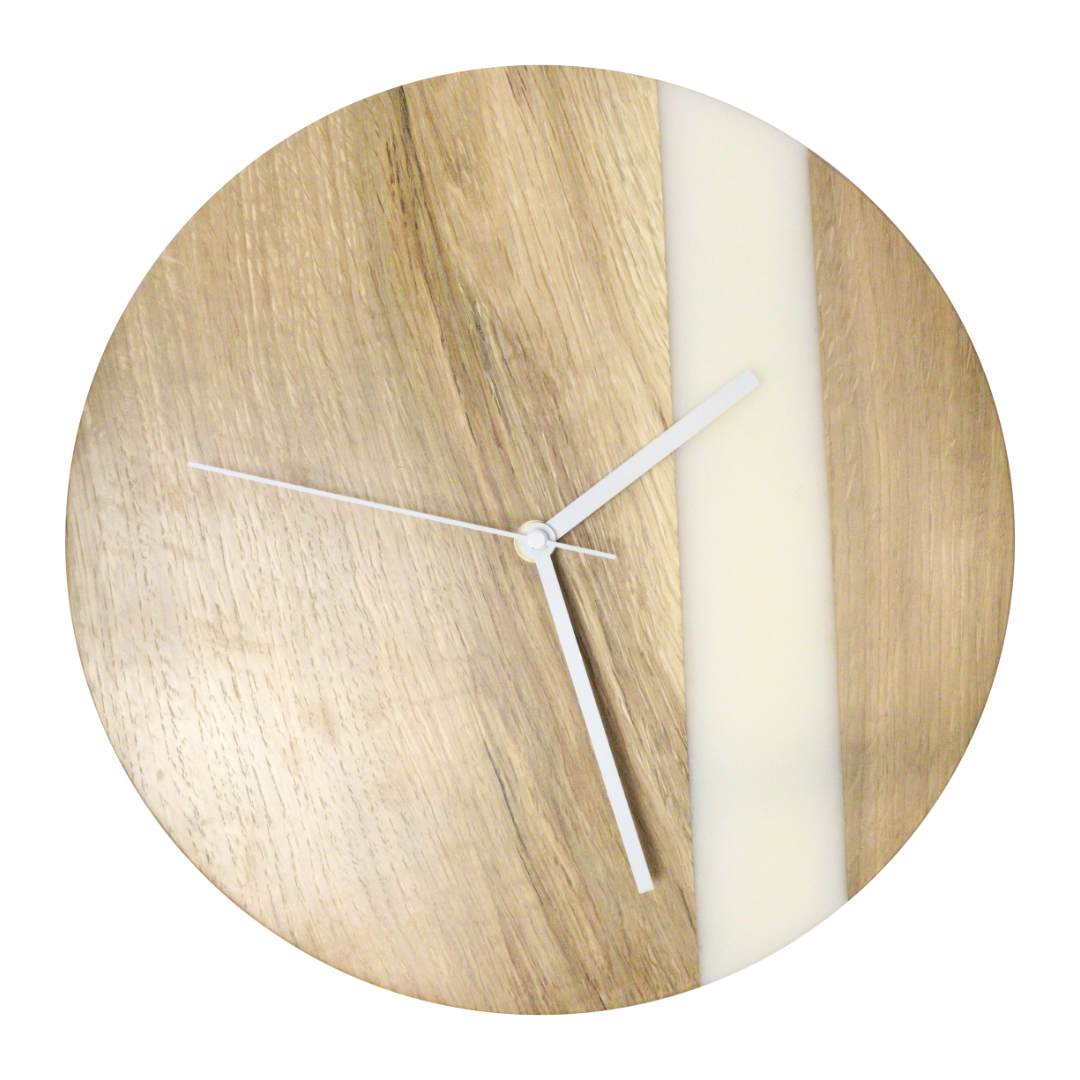 Orologio da parete Ø33 in resina bianca semplice e legno di rovere, ingranaggio al quarzo