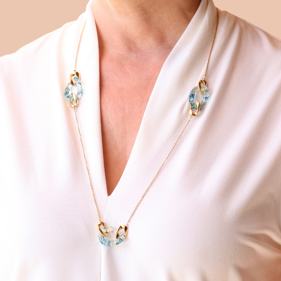 Collana LEGAME in acciaio inossidabile e resina con Pizzo della regina Anna blu