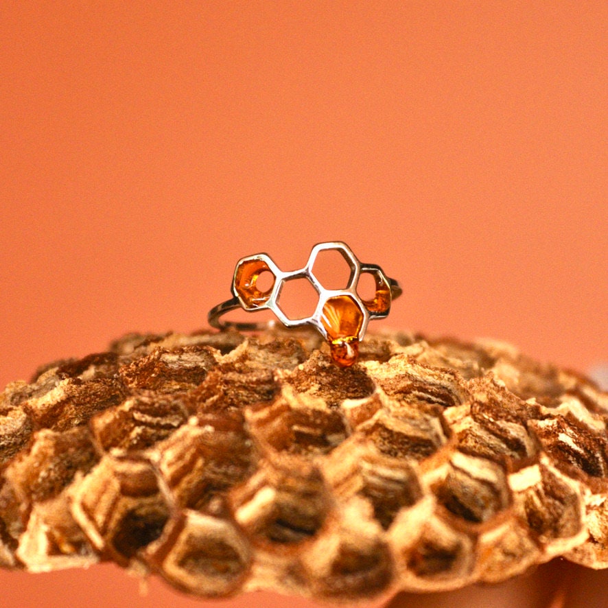 Anello alveare ape in acciaio inossidabile e miele in resina