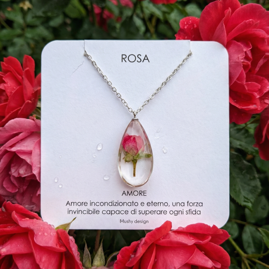 Collana in Resina con Fiore di Rosa Rossa - RUGIADA, Acciaio Inox