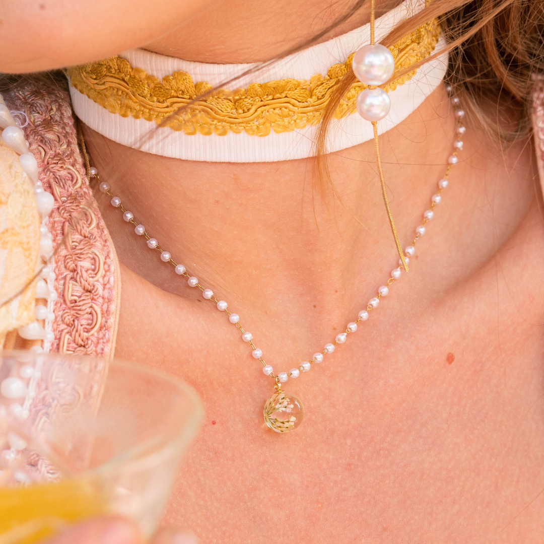 Collana BOLLA in acciaio inossidabile e ciondolo con fiore vero Pizzo della regina Anna bianco