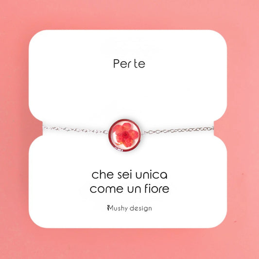 Bracciale in acciaio inox con ciondolo in resina e Fiore Selvatico magenta