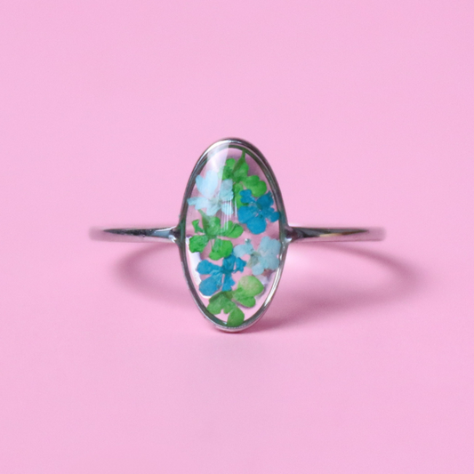Anello in acciaio inox e fiore Carota selvatica turchese e verde intersecato nella resina - PEZZO UNICO (Copia)