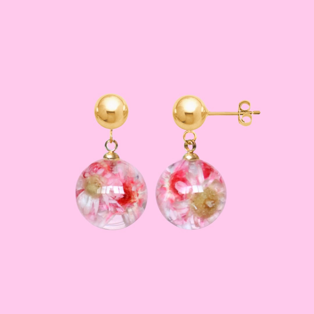 Paio di orecchini BOLLE - sfere pendenti con fiore vero Glixia rosa e montatura acciaio inox