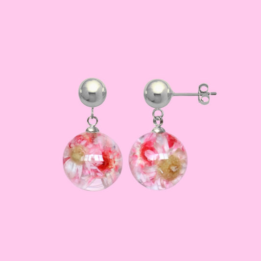Paio di orecchini BOLLE - sfere pendenti con fiore vero Glixia rosa e montatura acciaio inox