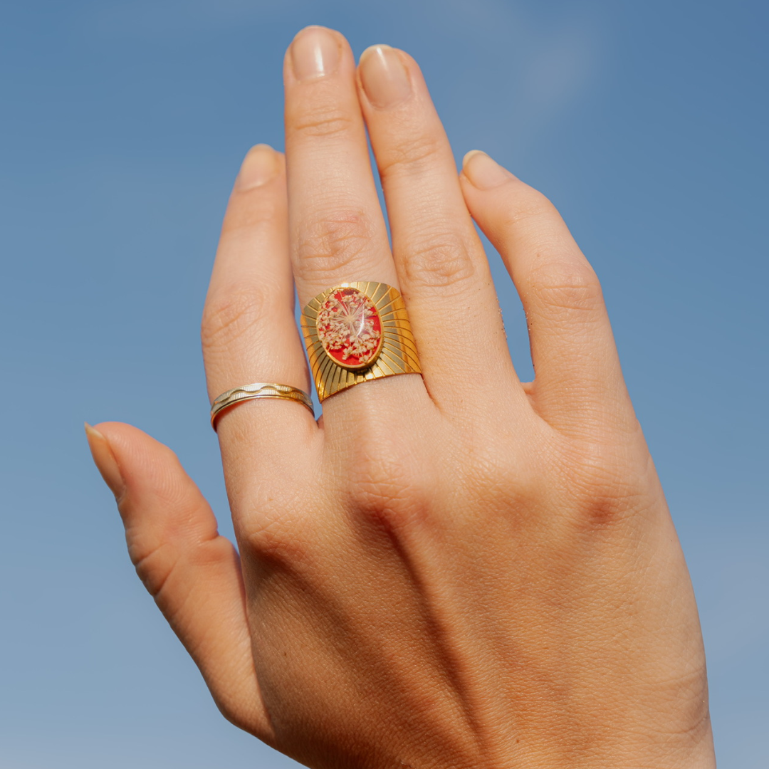 Anello regolabile in acciaio inox e Pizzo della regina Anna bianco inglobato nella resina