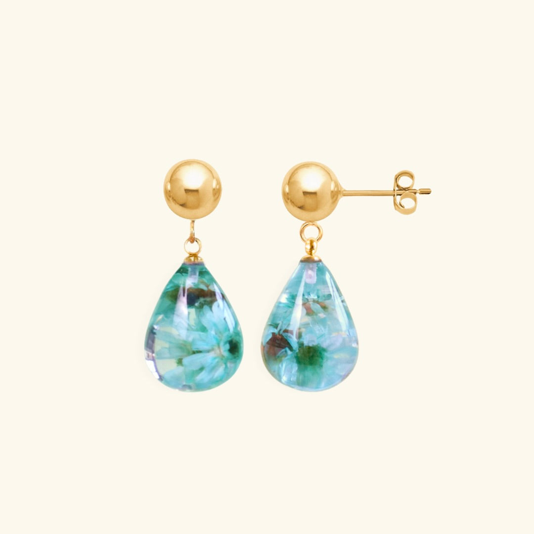 Orecchini Pendenti in Resina con Fiori Veri di Glixia verde - RUGIADA, Acciaio Inox