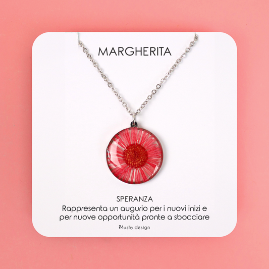 Collana in acciaio inossidabile e ciondolo in resina con Margherita rossa