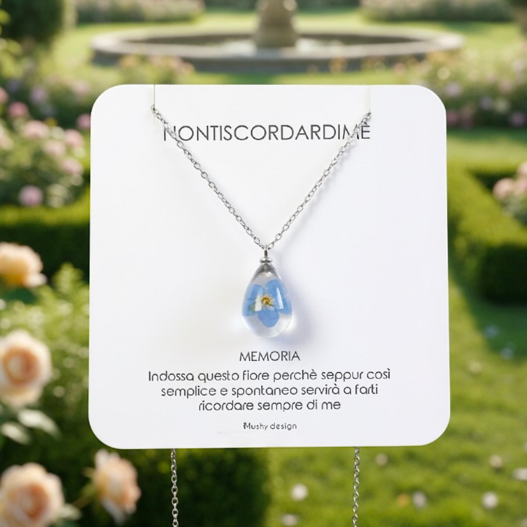 Collana RUGIADA in acciaio inossidabile e ciondolo in resina con Nontiscordardimé