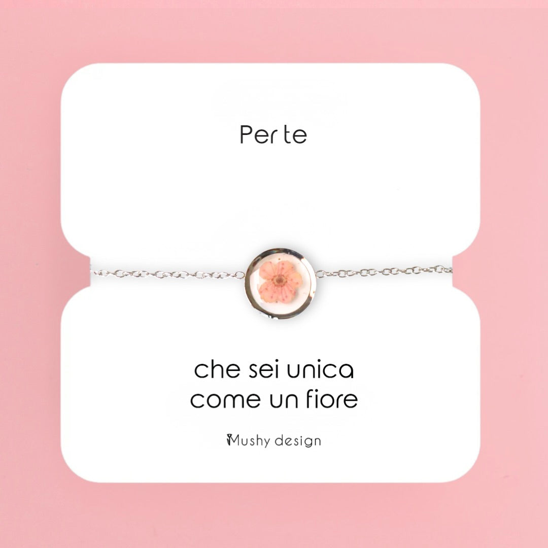 Bracciale in acciaio inox con ciondolo in resina e Fiore Selvatico rosa