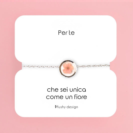 Bracciale in acciaio inox con ciondolo in resina e Fiore Selvatico rosa