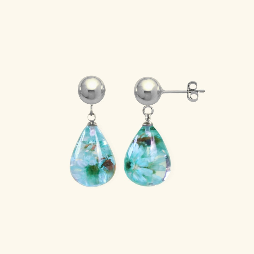 Orecchini Pendenti in Resina con Fiori Veri di Glixia verde - RUGIADA, Acciaio Inox