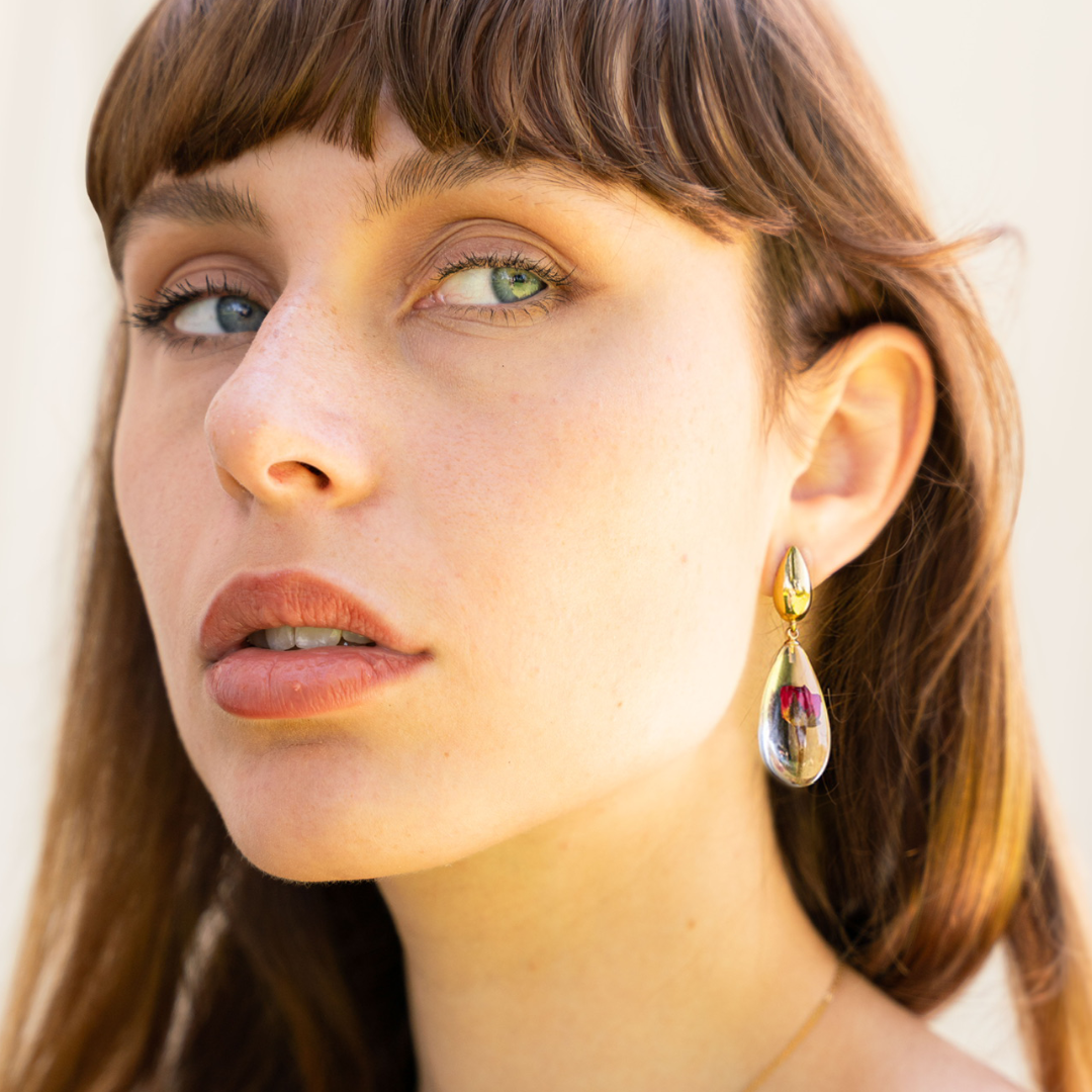 Orecchini Pendenti in Resina con Fiori Veri di Rosa rossa - RUGIADA, Acciaio Inox