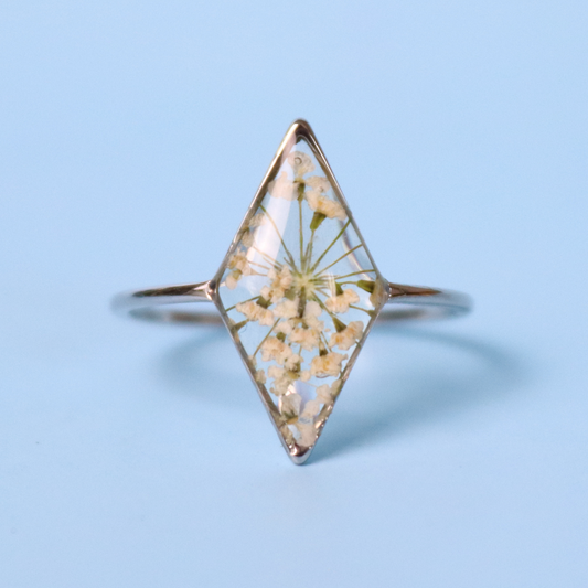 Anello in acciaio inox e fiore Carota selvatica bianca intersecato nella resina - PEZZO UNICO (Copia) (Copia) (Copia) (Copia) (Copia) (Copia) (Copia) (Copia)