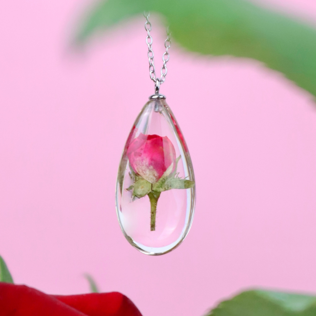 Collana in Resina con Fiore di Rosa Rossa - RUGIADA, Acciaio Inox