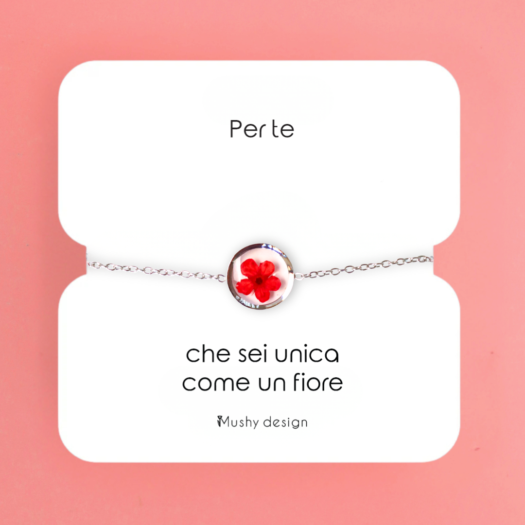 Bracciale in acciaio inox con ciondolo in resina e Fiore Selvatico rosso