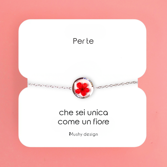 Bracciale in acciaio inox con ciondolo in resina e Fiore Selvatico rosso
