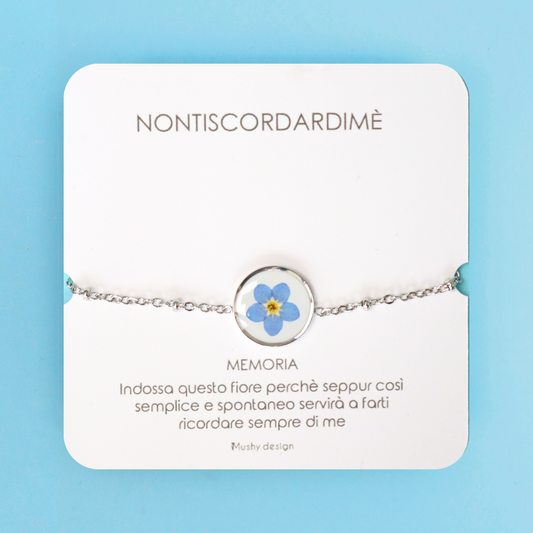 Bracciale in acciaio inox e ciondolo medaglione in resina con fiore vero Nontiscordardimé