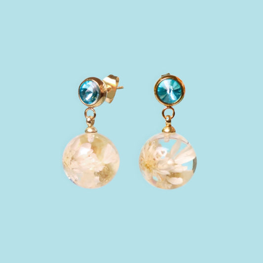 Orecchini BOLLE in acciaio inox oro, zircone azzurro, con resina e Glixia bianco