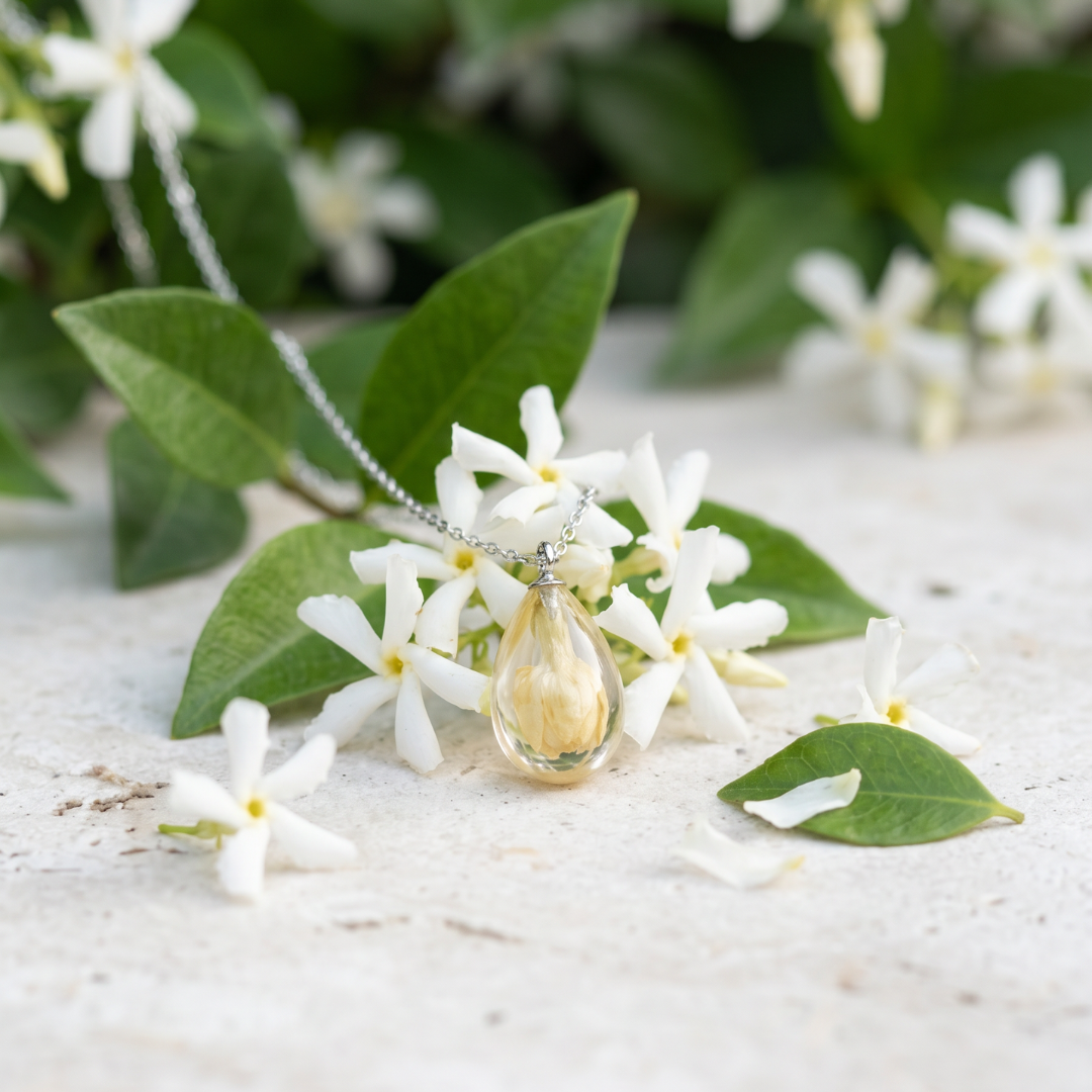 Collana RUGIADA in acciaio inossidabile e ciondolo in resina con Gelsomino