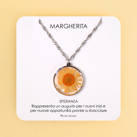 Collana in acciaio inossidabile e ciondolo in resina con Margherita arancio