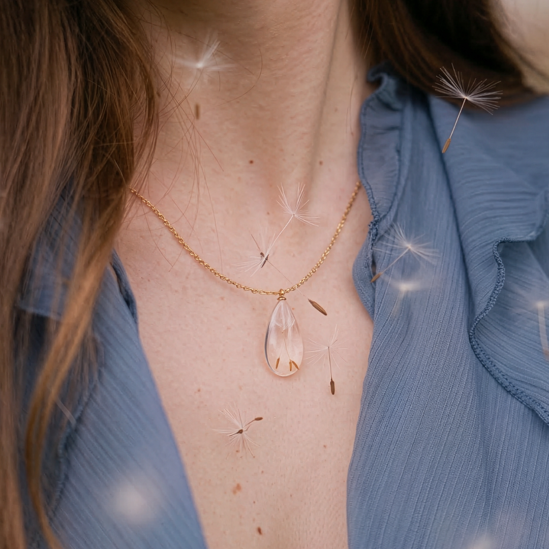 Collana RUGIADA in acciaio inossidabile e ciondolo in resina con Soffione