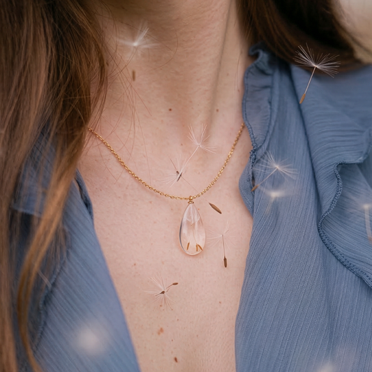 Collana RUGIADA in acciaio inossidabile e ciondolo in resina con Soffione