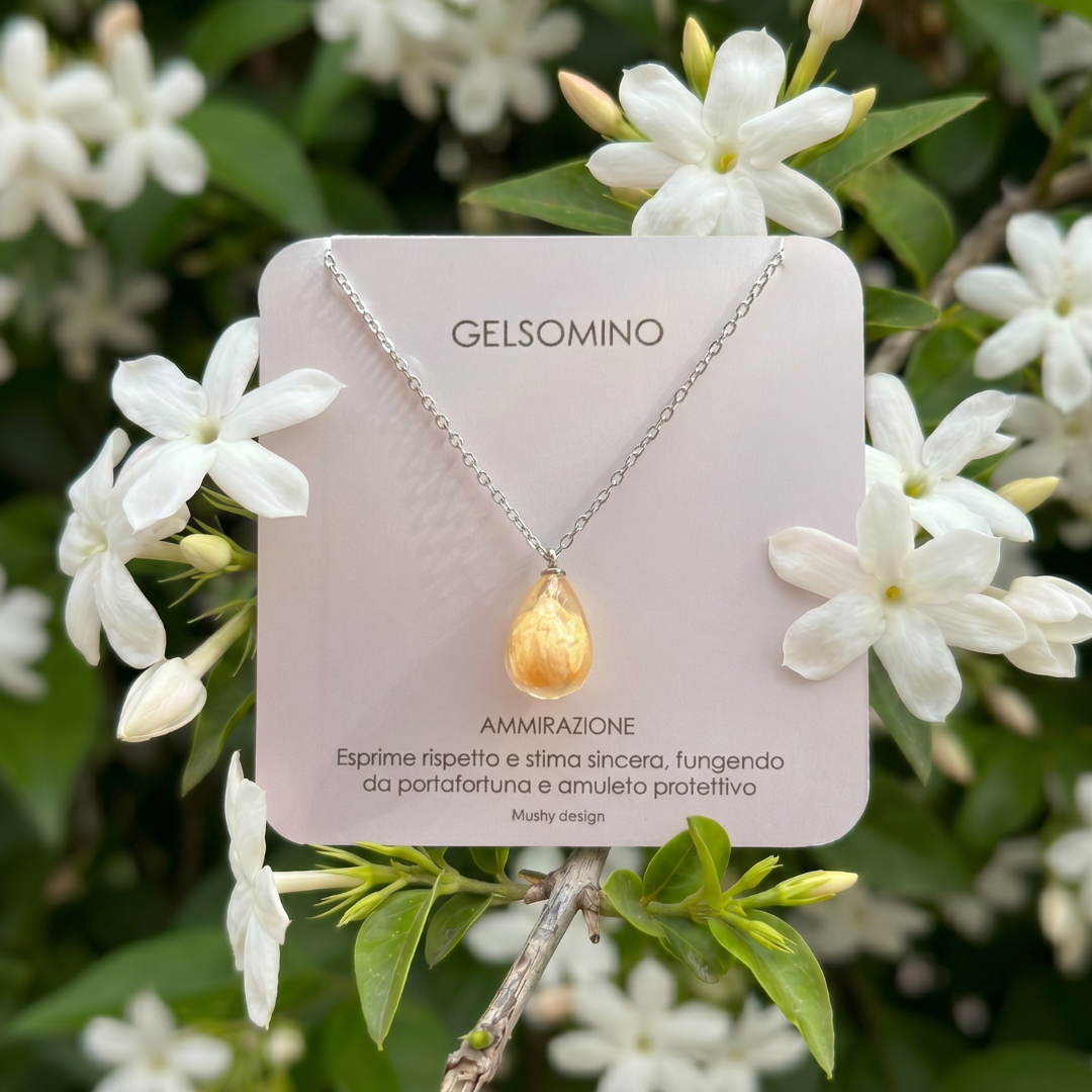 Collana RUGIADA in acciaio inossidabile e ciondolo in resina con Gelsomino