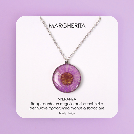 Collana in acciaio inossidabile e ciondolo in resina con Margherita viola