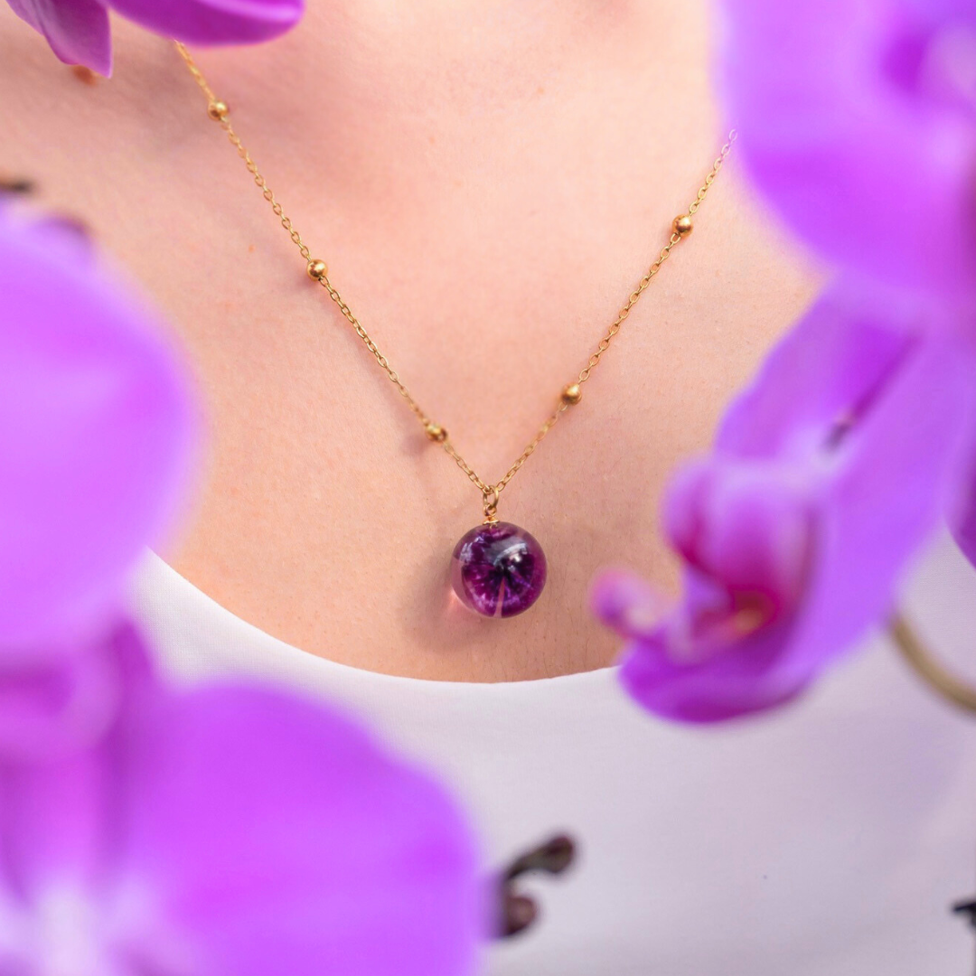 Collana sfera con fiore vero Ortensia viola montatura Limited Edition - collezione BOLLE