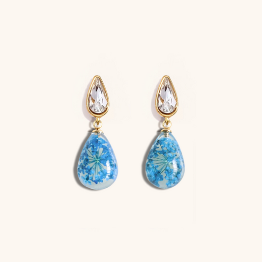 Orecchini Pendenti in Resina con Fiori Veri di Pizzo della Regina Anna blu - RUGIADA, Acciaio Inox