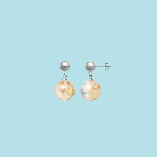Paio di orecchini MINI BOLLE - sfere pendenti con fiore vero Glixia bianco e montatura acciaio inox