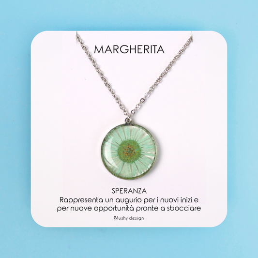 Collana in acciaio inossidabile e ciondolo in resina con Margherita verde acqua