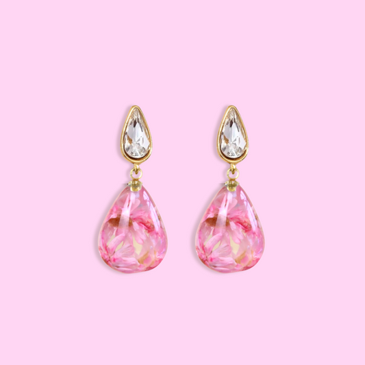 Orecchini Pendenti in Resina con Fiori Veri di Glixia rosa - RUGIADA, Acciaio Inox