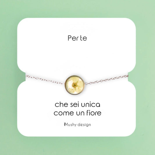 Bracciale in acciaio inox con ciondolo in resina e fiore di Biancospino