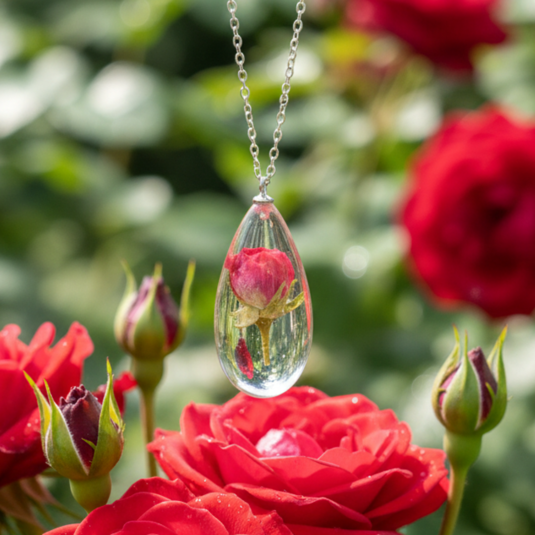 Collana in Resina con Fiore di Rosa Rossa - RUGIADA, Acciaio Inox